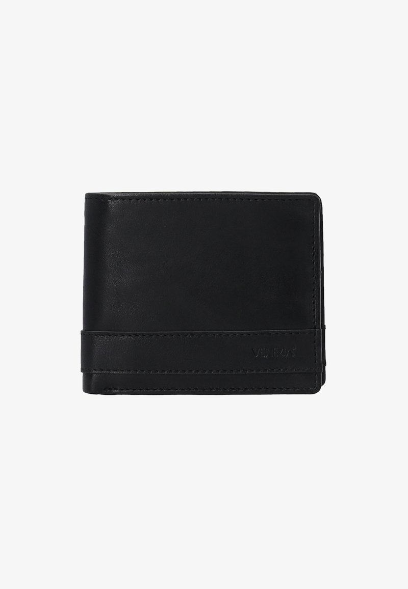 Czarny skórzany portfel o eleganckim designie, składanej strukturze, widocznym szwie oraz wytłoczonym logo marki z przodu. Teksturowana powierzchnia.