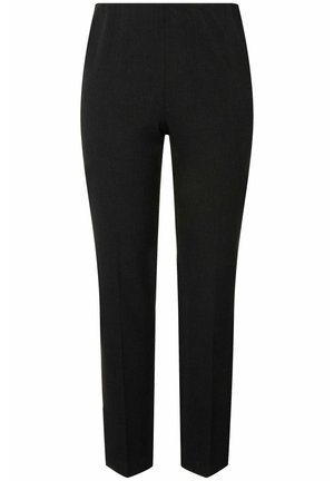 Pantaloni neri a gamba dritta, con una superficie liscia e senza chiusure visibili o motivi. Ideali per abbigliamento formale o da lavoro.