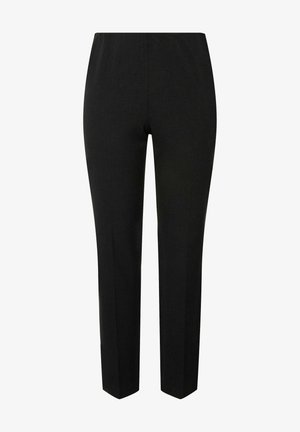 Pantaloni neri a gamba dritta, con una superficie liscia e senza chiusure visibili o motivi. Ideali per abbigliamento formale o da lavoro.