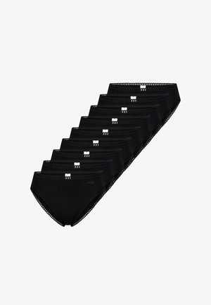 Zwarte katoenen slips met kanten rand, voorzien van een logo label aan de voorkant in het midden. Op een rij gelegd, met meerdere stuks uit de set zichtbaar.