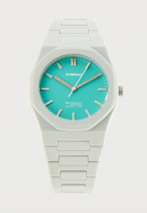 Weiße Polycarbonat-Uhr mit türkisfarbenem Zifferblatt, silbernen Stundenmarkierungen und Zeigern, die 10:10:06 anzeigen.