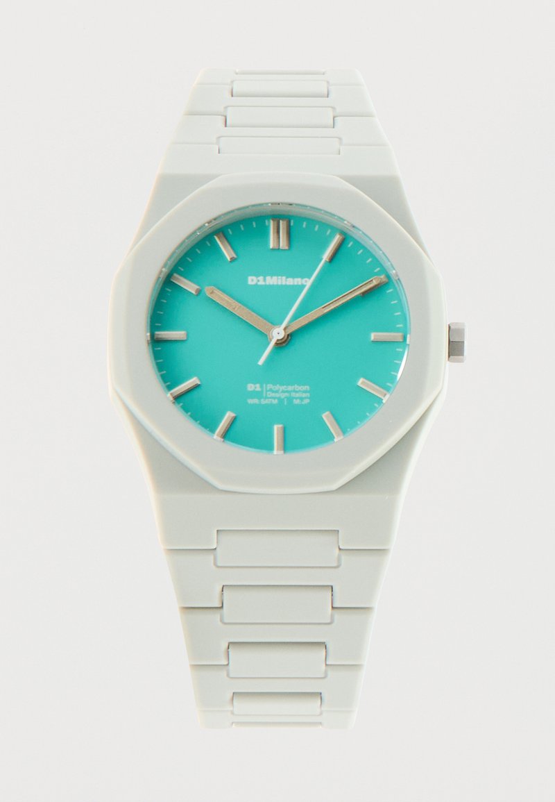 Άσπρο ρολόι από πολυκαρβονικό με τιρκουάζ καντράν, ασημένιους δείκτες ώρας και κοίλες δείκτες που δείχνουν 10:10:06.