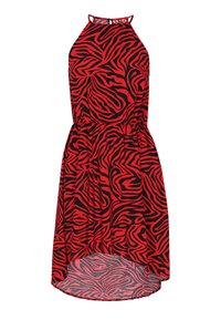 Šaty se zebřím potiskem v červené a černé barvě, s halter krkem, elastickým pasem a designem s vysokým a nízkým lemem. Vyrobeno z lehkého materiálu. Žádné další detaily.