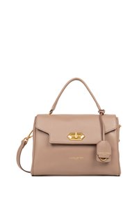Sac à main en cuir beige avec un design structuré, quincaillerie dorée, anse supérieure et bandoulière amovible. Il dispose d'un rabat et d'un logo.