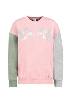 Sweatshirt with pink body, green left sleeve, gray right sleeve, and metallic "NEW YORK" text across the chest.