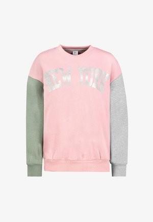 Sweatshirt with pink body, green left sleeve, gray right sleeve, and metallic "NEW YORK" text across the chest.