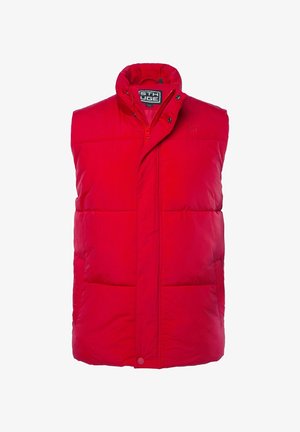 Chaleco acolchado rojo con cuello alto, cremallera frontal y detalles de botones. Presenta dos grandes bolsillos frontales y una textura suave y brillante.