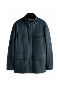 Dark blue wool jacket with four flap pockets, high collar, and front snap button closure.