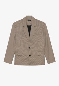 Sacou maro în carouri, cu gulere cu colțuri, două buzunare frontale și două nasturi. Fabricat dintr-un material texturat, cu o căptușeală neagră.