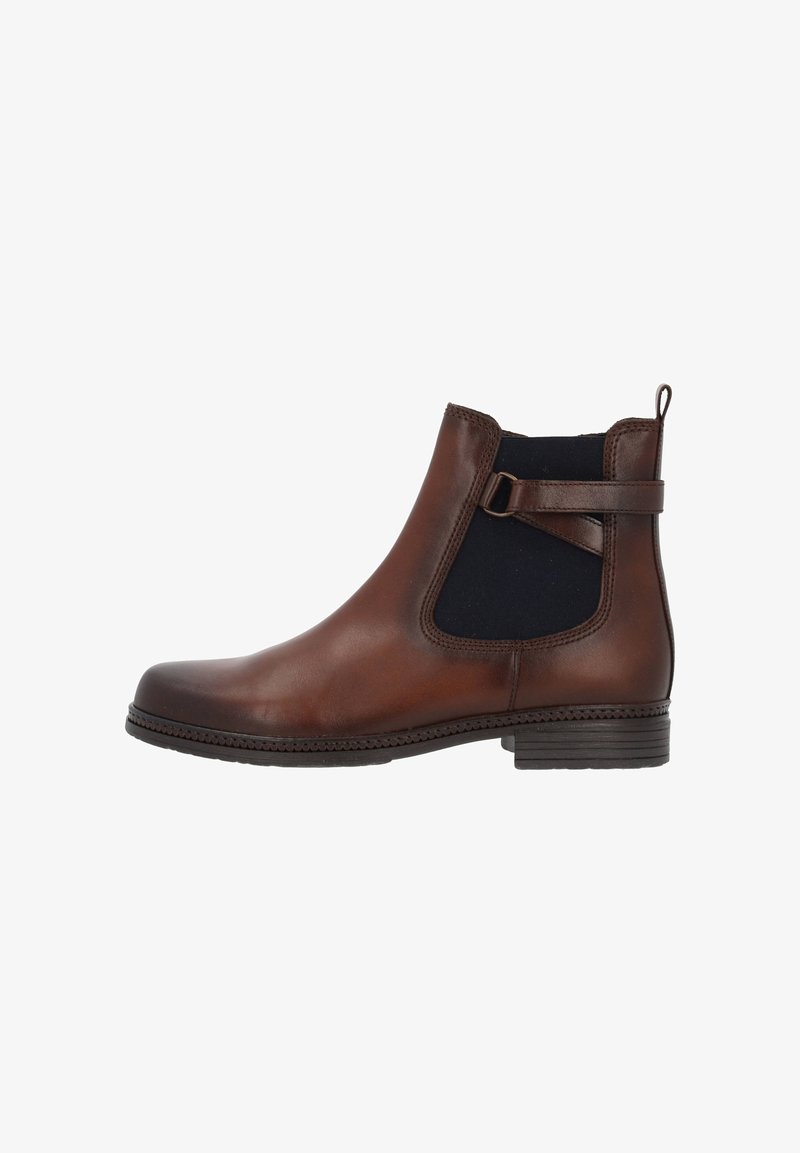 Bottine en cuir marron avec des panneaux élastiques sur les côtés et un détail de bride. Surface lisse, bout rond, petit talon et bordure texturée.