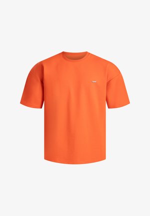 Oranje katoenen t-shirt met een ronde halslijn, korte mouwen en een klein logo op de linkerborst. Glad textuur en een relaxte pasvorm.