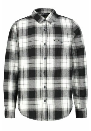 Camicia a maniche lunghe con bottoni, motivo a scacchi bianco e nero, con colletto e taschino sul petto, stile casual.