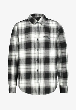 Camisa de manga larga con botones, estampado de cuadros en blanco y negro, con cuello y bolsillo en el pecho, estilo casual.
