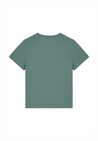 Kurzärmliges T-Shirt in gedämpftem Teal; aus weichem Stoff mit lockerer Passform und rundem Halsausschnitt; keine Grafiken oder Verzierungen.