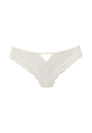 Weiße, spitzenbesetzte Damenunterwäsche im Bikini-Stil mit Blumenmustern und einem kleinen Metallverschluss in der Mitte des Rückenbunds.