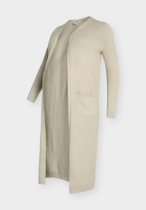 Beige long cardigan made of soft knit fabric, featuring an open front, two front pockets, and ribbed cuffs and hem.