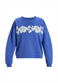 Sudadera azul de mezcla de algodón, con un diseño floral blanco en el pecho y puños y dobladillo acanalados. Cuello redondo clásico.