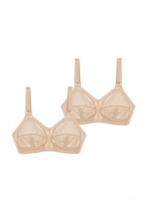 Beige spetsbehåar i tvåpack, med en triangulär kupa, justerbara axelband och delikata kantdetaljer.