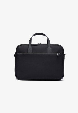 Black laptop bag with a smooth fabric exterior, dual top handles, zippered front pocket, and a sleek rectangular design.