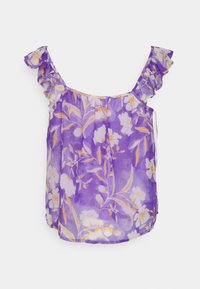 Blusa roxa sem mangas com alças de ombro em babados, apresentando um padrão floral em tons de branco e amarelo numa tecido transparente.