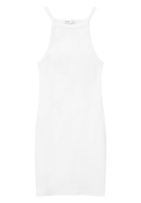 Robe blanche ajustée sans manches avec col licou et ourlet droit, présentée à plat sur fond blanc.