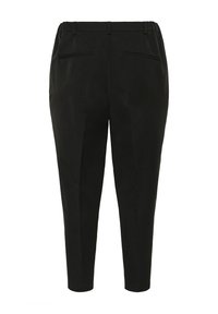 Pantaloni negri tapered cu talie elastică și două buzunare la spate, afișați pe un fundal alb.