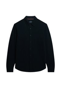 Czarna koszula z długim rękawem, wykonana z bawełny, posiada zapięcie na guziki z przodu, zaostrzony kołnierzyk oraz subtelne haftowane logo na klatce piersiowej.