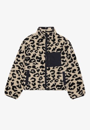 Mikina z fleece s leopardím vzorom v béžovej a čiernej farbe. Obsahuje zips, vysoký golier a čiernu náprsné vrecko. Mäkkučká textura, príležitostný dizajn.