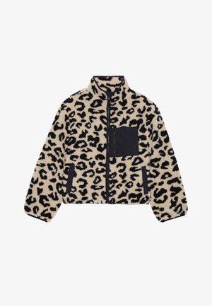 Beige ja musta leopardimustriga fleecetakki. Omab luku sulgemist, kõrget kaelust ja musta rinnataskut. Pehme tekstuur, juhuslik disain.