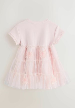 Lyserød korte ærmer toddler kjole med lagdelt tyl nederdel og delikate blomsterapplikationer på nederdelen.