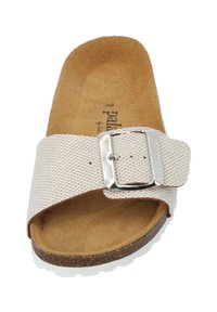 White open-toe sandal with a textured upper, a silver buckle, a brown cork footbed, and a white rubber sole. Size 38 indicated inside.