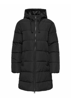 Juodas pūkinis paltas su kapišonu, su užtrauktuku priekyje, elastinėmis raišteliais ir dviem priekiniams kišenėms. Tekstūruotas, siuvinėtas dizainas su vidutinio ilgio kirpimu.