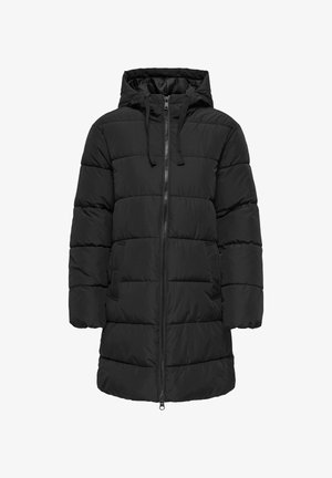 Czarna puchowa kurtka z kapturem, z zamkiem z przodu, elastycznymi sznurkami i dwiema przednimi kieszeniami. Teksturowany, pikowany design o średniej długości.