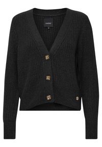 Svart ribbestrikket cardigan med V-hals, fire brune knapper, lange ermer og en lett cropped design. Teksturert strikket stoff med en avslappet passform.