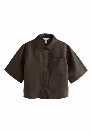 Short-sleeve, dark brown button-up shirt with a collar and a single chest pocket, made from linen fabric.