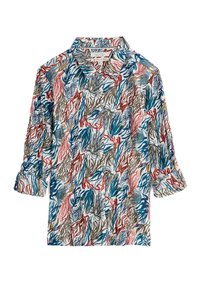 Camisa de botones con un vibrante diseño de patrón de coral en rojo, azul, verde y marrón sobre un fondo blanco; materiales y textura no especificados.