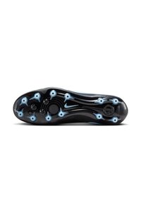 Black football boot sole with blue studs, featuring a curved design and textured surface. Nike branding prominent on the side.