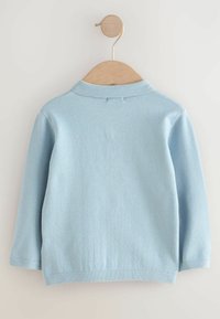Helles blaues Pullover-Sweatshirt mit langen Ärmeln, gerippten Bündchen und Ausschnitt. Weiche Textur, minimales Design und keine sichtbaren Muster.