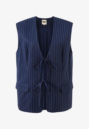 Marineblauw mouwloos vest met witte krijtstrepen, diepe V-hals, twee voorzakken en twee stoffen koorden die aan de voorkant worden vastgeknoopt.