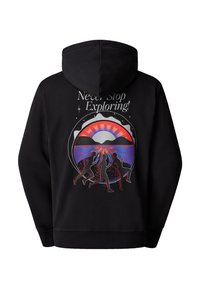 Felpa nera con cappuccio e design grafico che raffigura corridori davanti a un tramonto colorato e il testo "Never Stop Exploring" in alto.