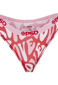 Sous-vêtement bikini femme rose et rouge avec grand texte abstrait et logo de la marque PSD sur la ceinture, taille small.