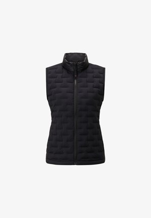 Sort ærmeløs quilted vest med høj krave, featuring en frontlynlås, lavet af let, polstret materiale med en tekstureret overflade.