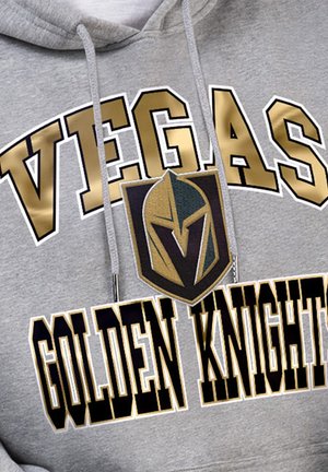 Gray hoodie featuring "VEGAS" and "GOLDEN KNIGHTS" in bold black and gold lettering, with a shield logo in gold and dark green centered below.