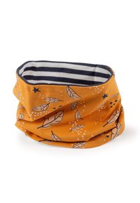 Orange neck warmer made of soft fabric featuring a leaf and star pattern, with a contrasting navy and white striped interior.