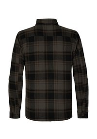 Chemise en flanelle à carreaux dans des tons de vert foncé, noir et marron. Elle dispose d'un col boutonné et de manches longues avec des poignets boutonnés.