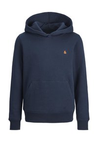 Námořnická modrá mikina s texturovaným povrchem, nastavitelné kapuce na šňůrku, přední klokaní kapsa a malé oranžové logo na levém prsu.