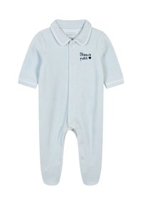 Une grenouillère pour bébé bleu clair en tissu doux, dotée d'un col, de manches courtes, d'une fermeture à boutons et d'un texte brodé indiquant "Bisous petit."