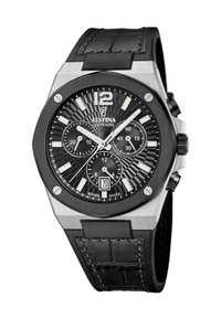 Orologio cronografo nero con cassa in acciaio inossidabile, quadrante nero testurizzato, indicatori luminosi e display della data. Cinturino in pelle nera con cuciture.