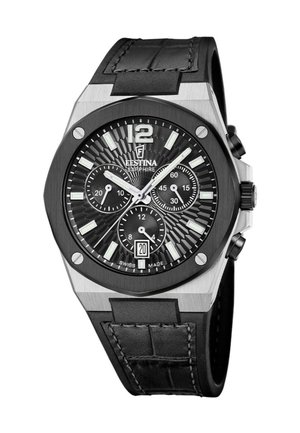 Schwarze Chronograph-Uhr mit Gehäuse aus Edelstahl, strukturiertem schwarzen Zifferblatt, leuchtenden Indizes und Datumsanzeige. Schwarz Lederarmband mit Naht.