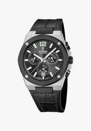 Orologio cronografo nero con cassa in acciaio inossidabile, quadrante nero testurizzato, indicatori luminosi e display della data. Cinturino in pelle nera con cuciture.